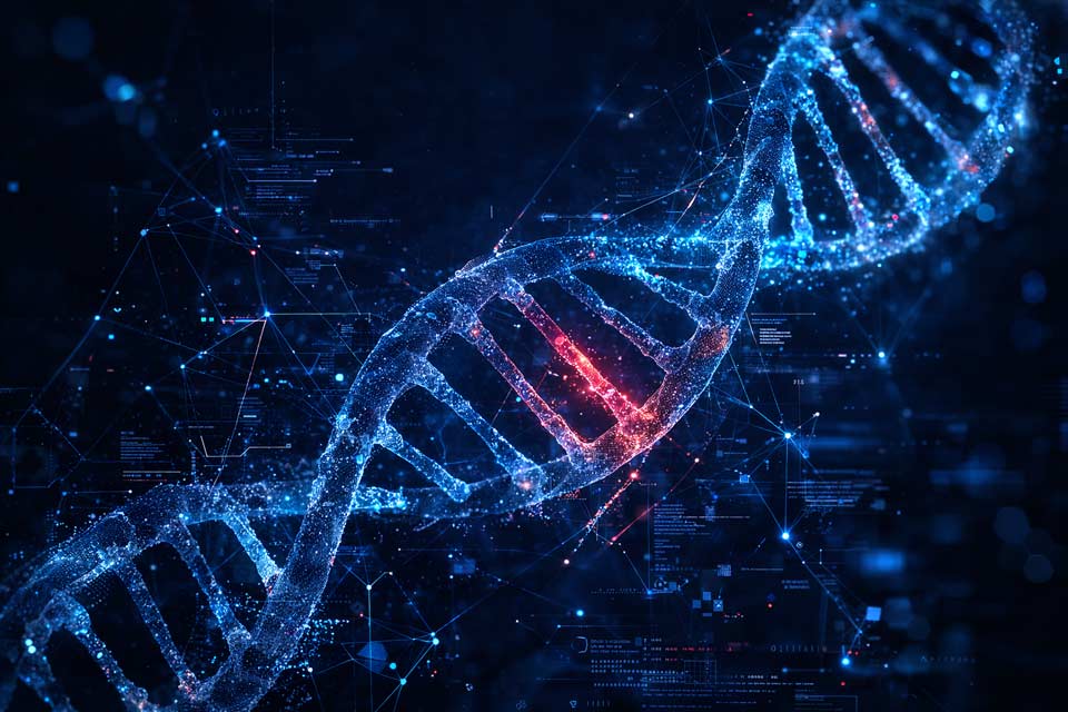 Leuchtende DNA-Helix im Datennetzwerk – Symbolbild für KI-Forschung und forensische Analyse digitaler Inhalte