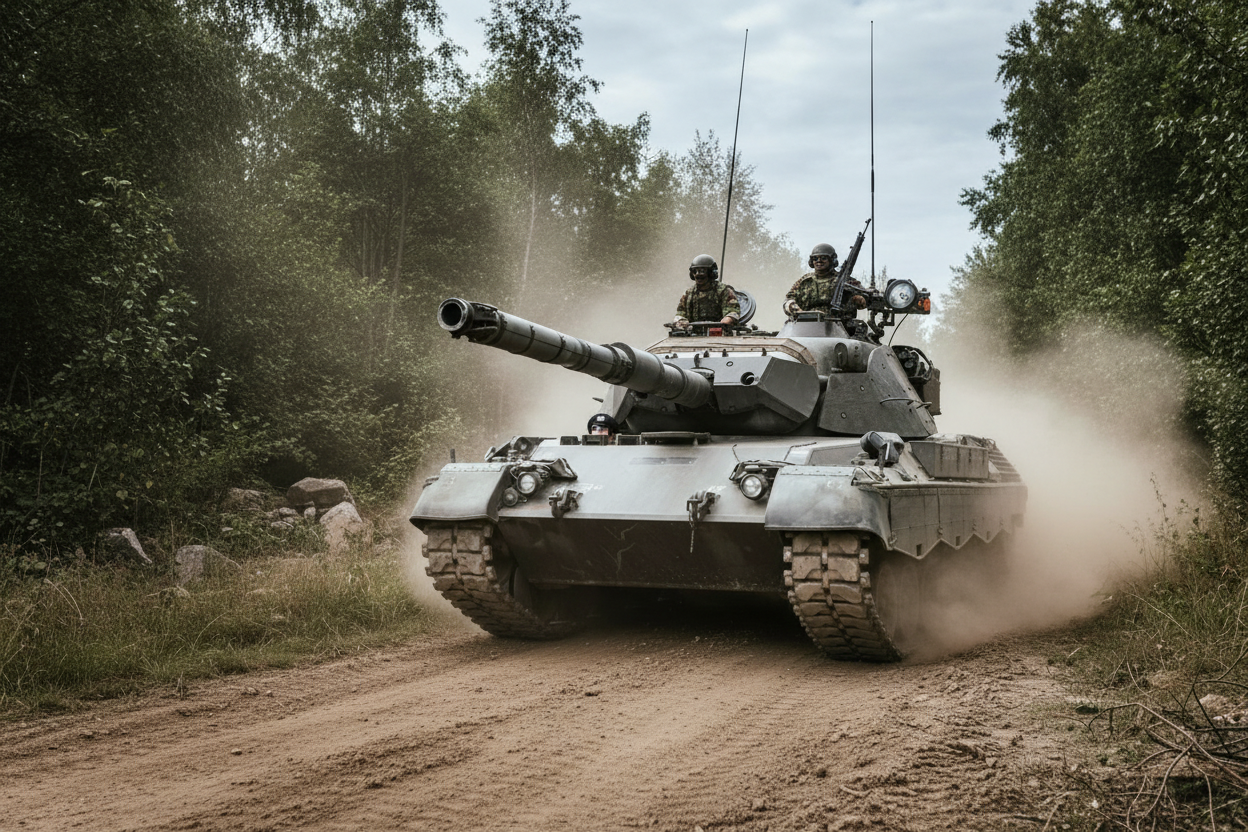 Panzer mit Soldaten fährt über staubige Waldstraße – Beispielbild für Deepfakes von Kriegsbildern