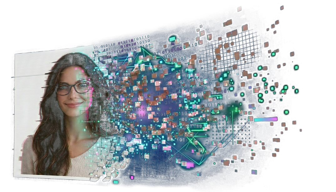 Porträt einer Frau zerfällt in digitale Pixel – Visualisierung einer Deepfake-Manipulation und KI-Analyse von Bildmaterial